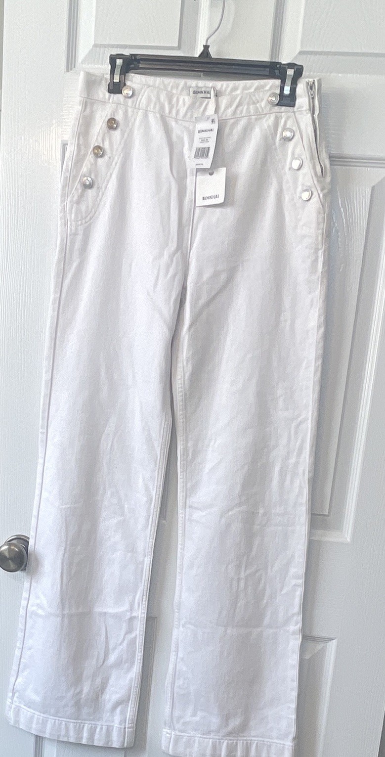 SIMKHAI Women’s White Wide-Leg High Rise Denim Jeans Button/Zip Cargo Pockets