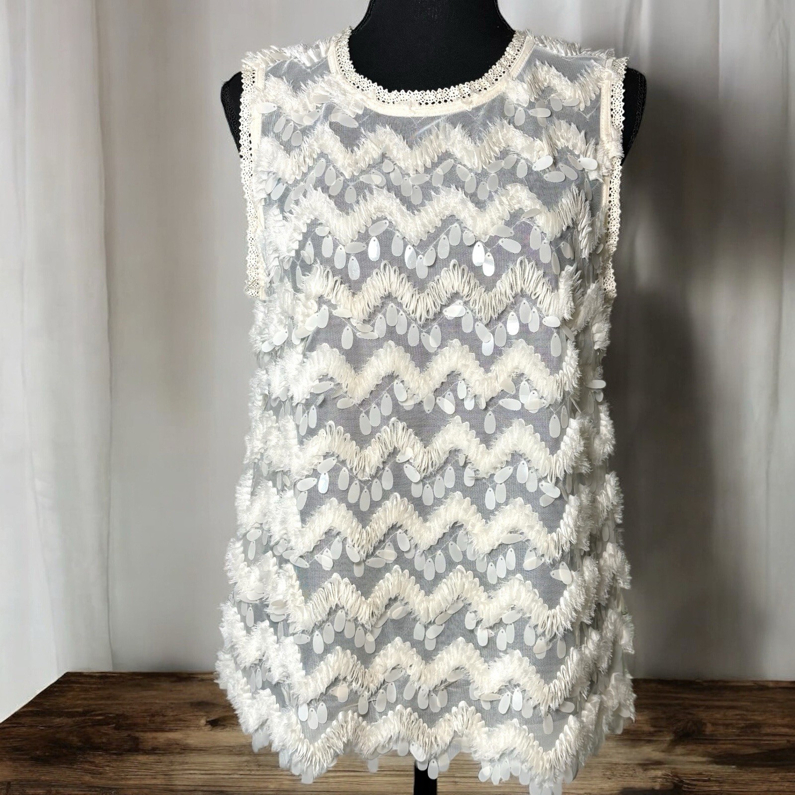 Anthropologie BLUE TASSEL Ivory Semi Sheer Top Sleeveless Embellished Women’s S