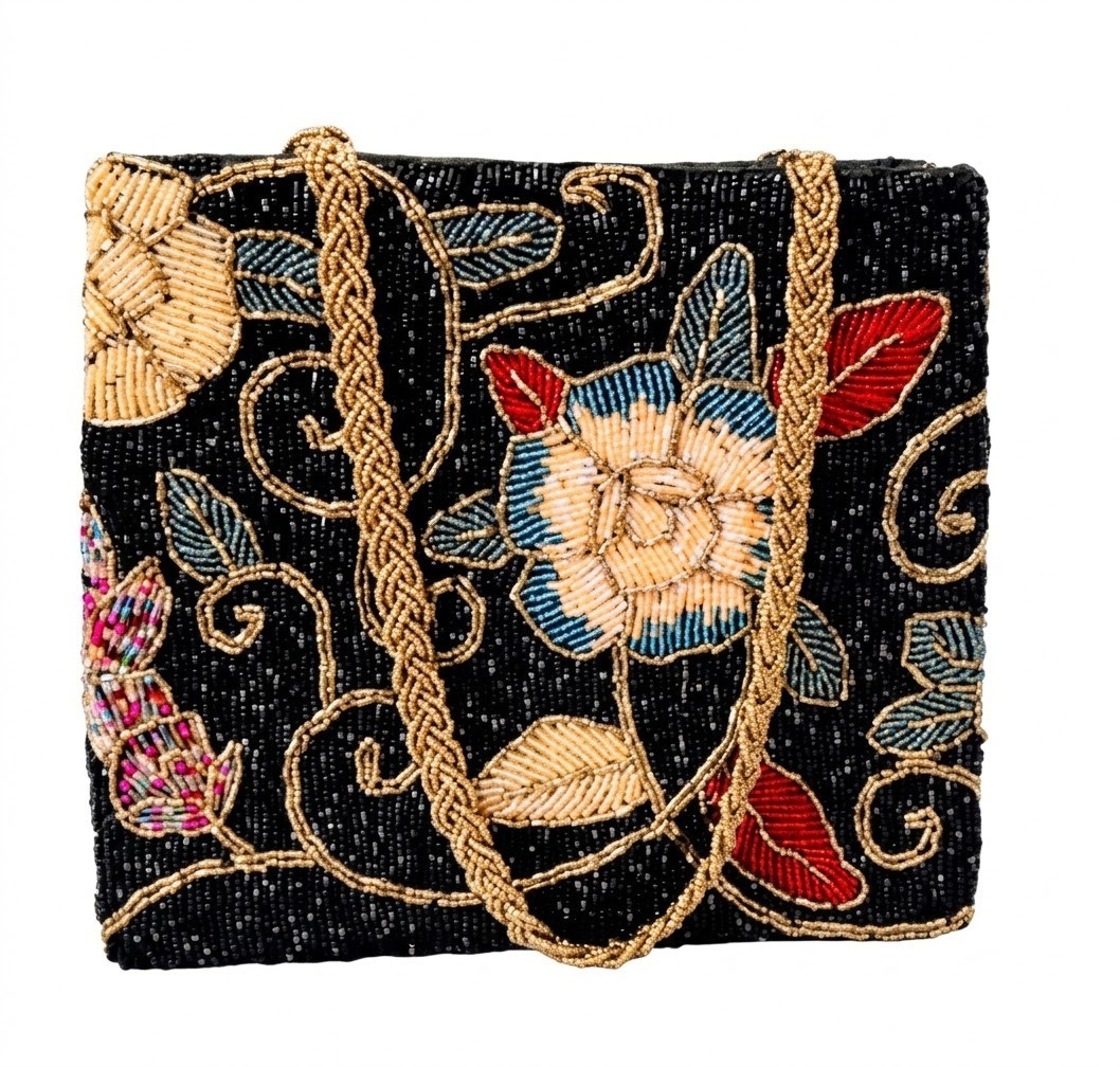 Party Prom Bridal Handbag Clutch Black Gold Red Beaded Floral Design