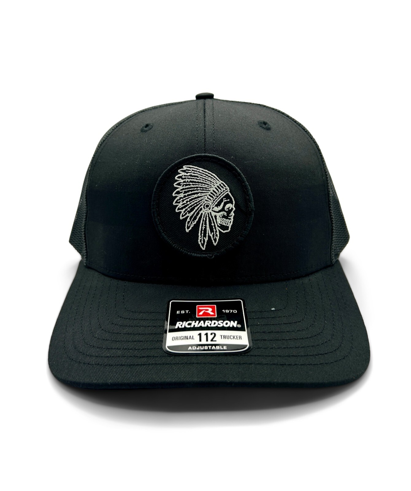 Apache Skull Embroidered Patch Hat | Richardson 112 Black | Indian Skull