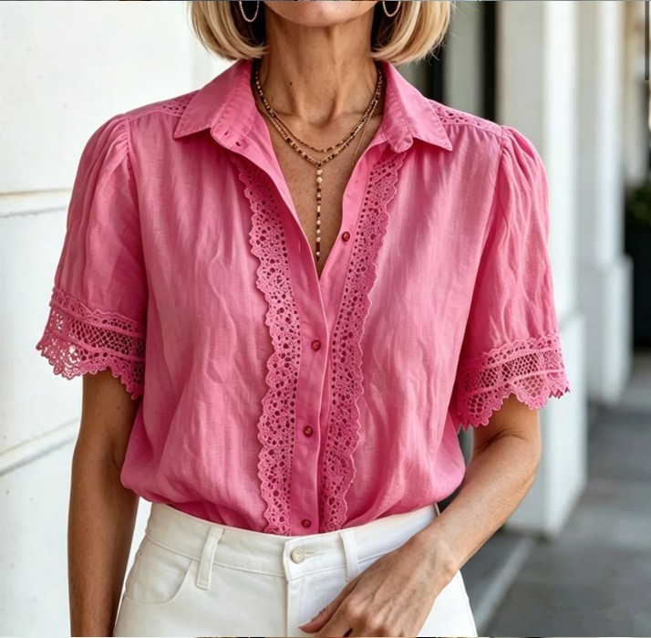 Women’s Lace Trim Short Sleeve Button-Down Casual Blouse