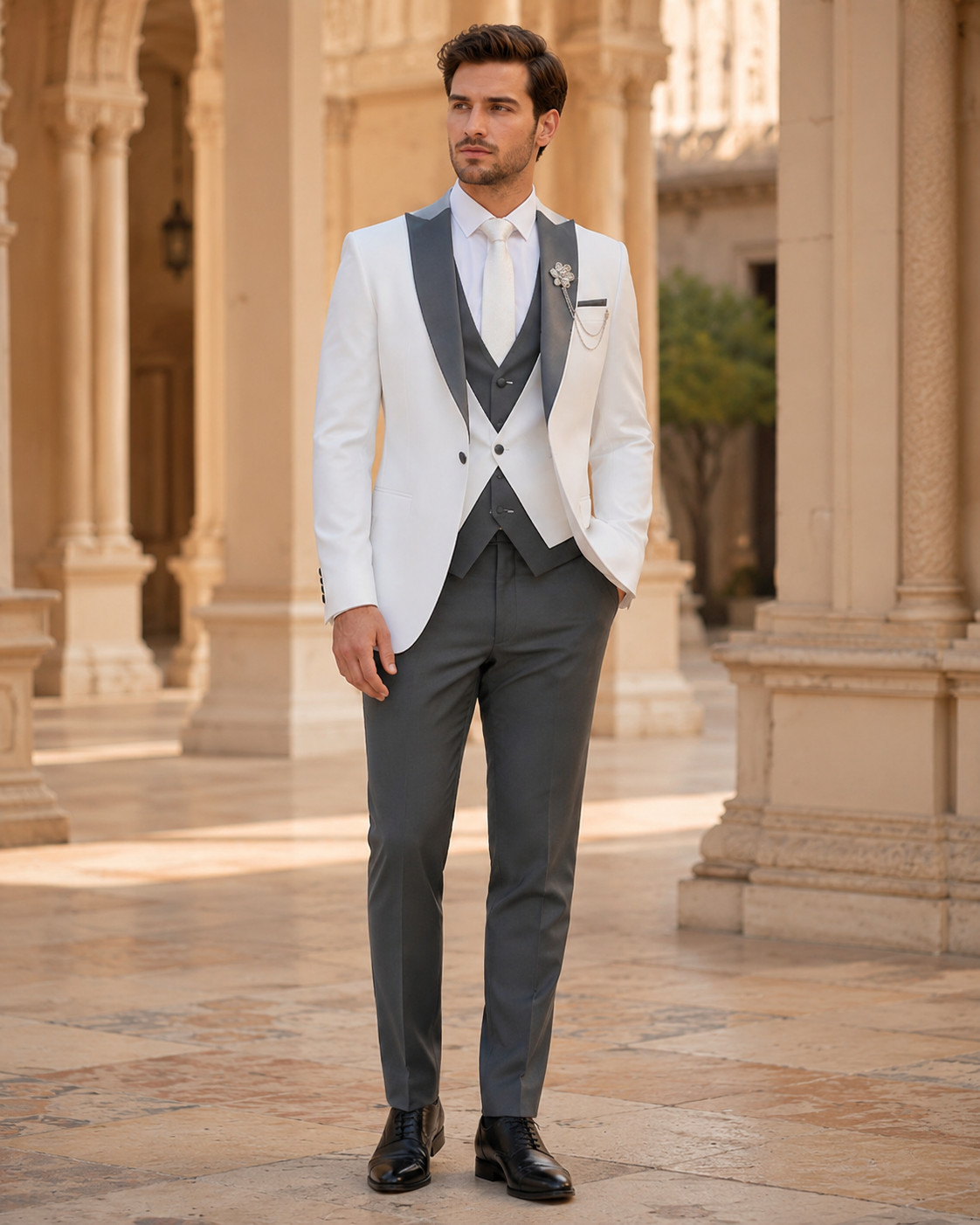 Mens White Gray 3 Piece Tuxedo Suit with Vest Wedding Groom Prom Formal Outfit