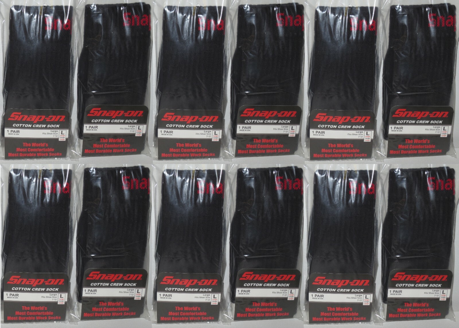 12 Snap-On CREW Socks BLACK LARGE ~ FREE SHIPPING ~ MADE IN USA 12 PAIRS *NEW*