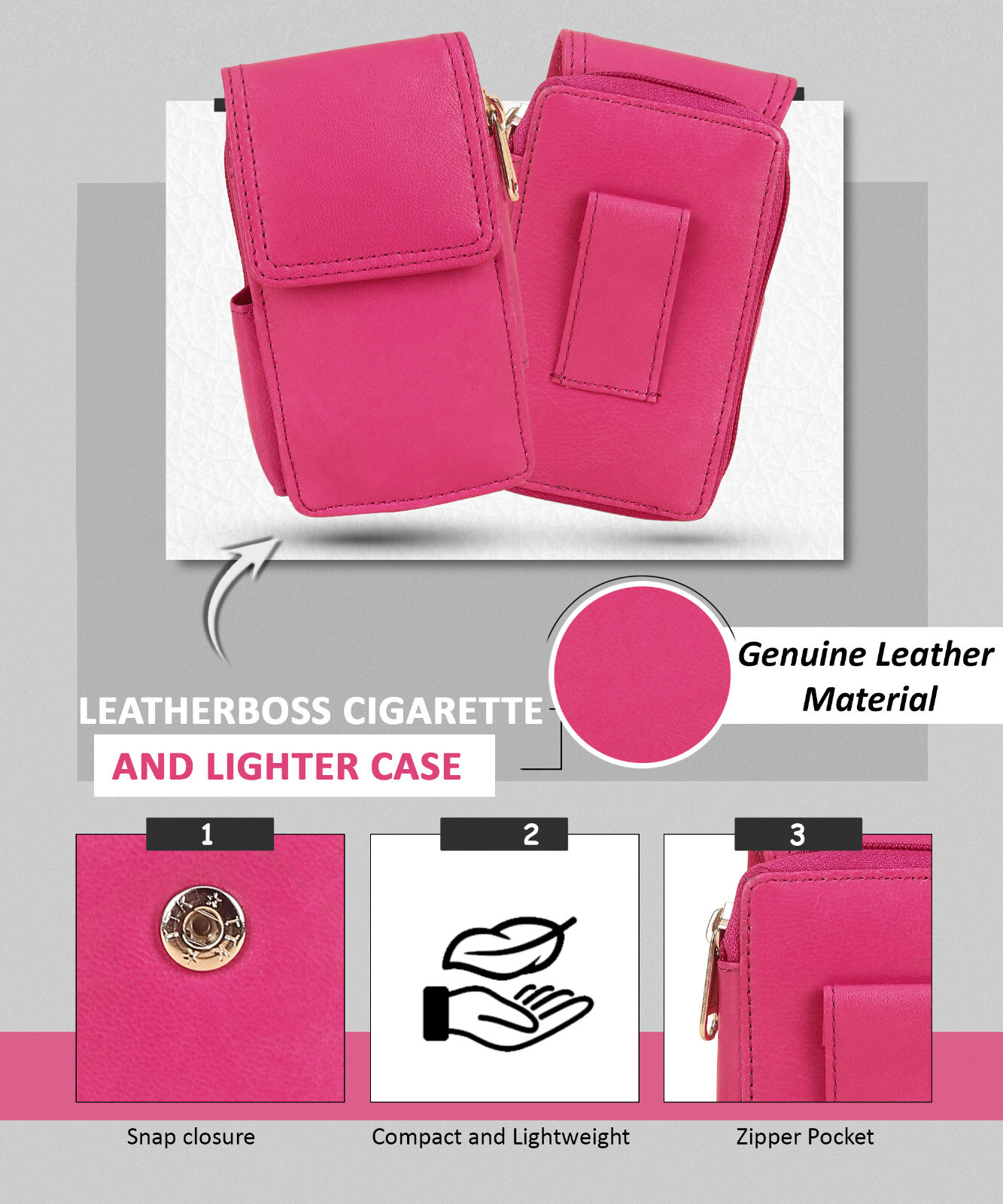 Leatherboss Cigarette Case Lighter holder Attached All Around Zipper Wallet Pink