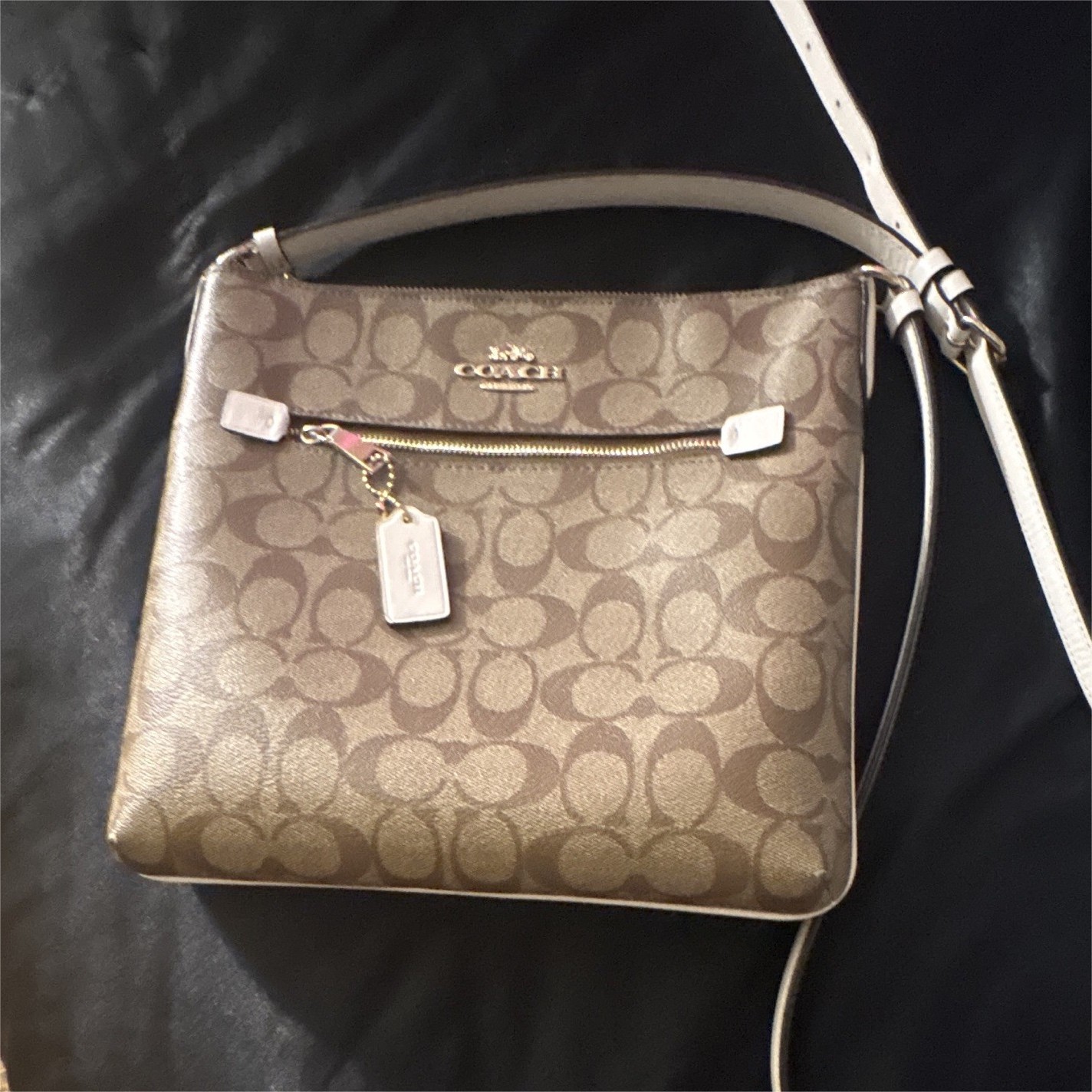 Coach Brown Monogram Logo Crossbody Bag White Strap Gold Hardware Zip