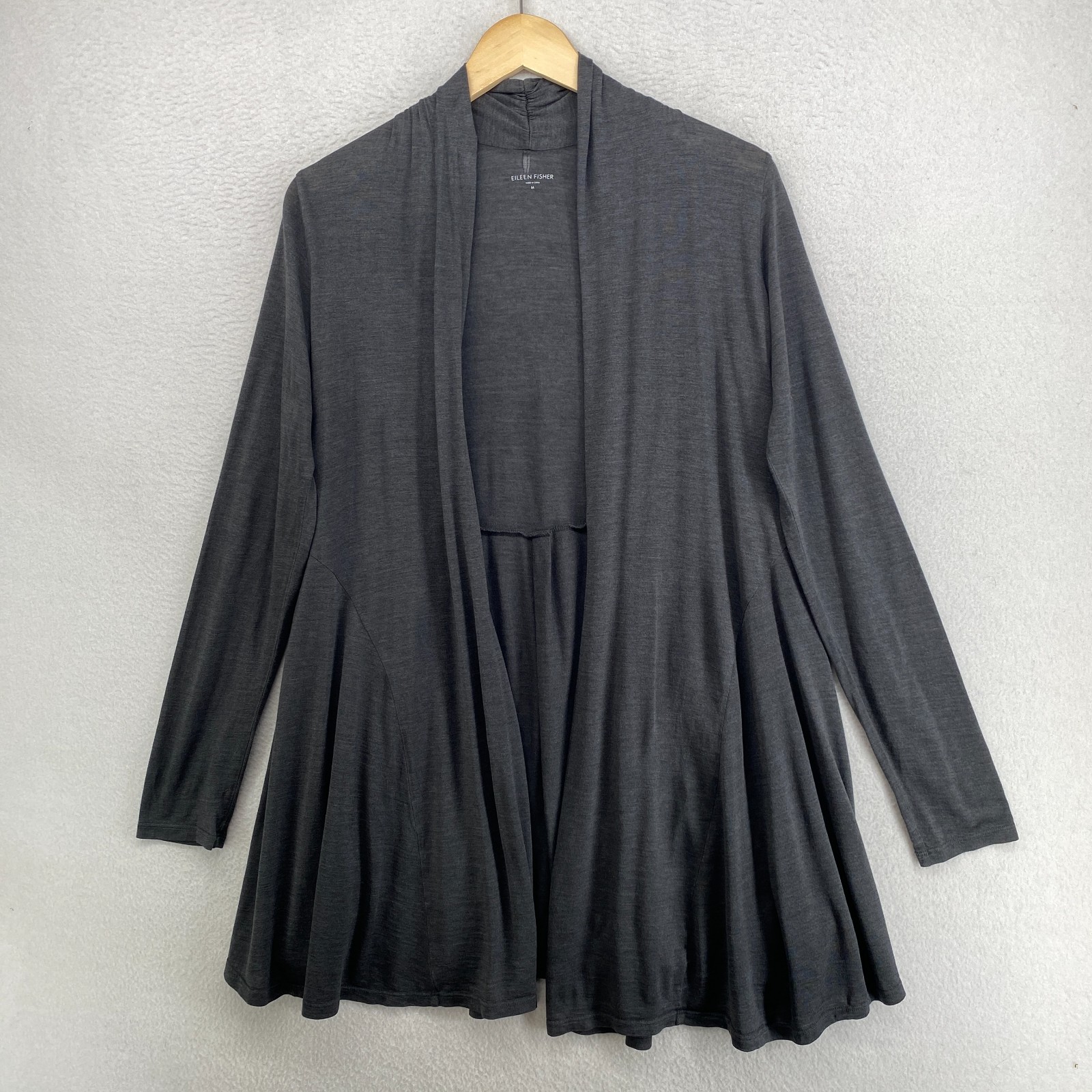 EILEEN FISHER Cardigan M Silk Cotton Jersey Open Front Long Sleeve Charcoal Gray