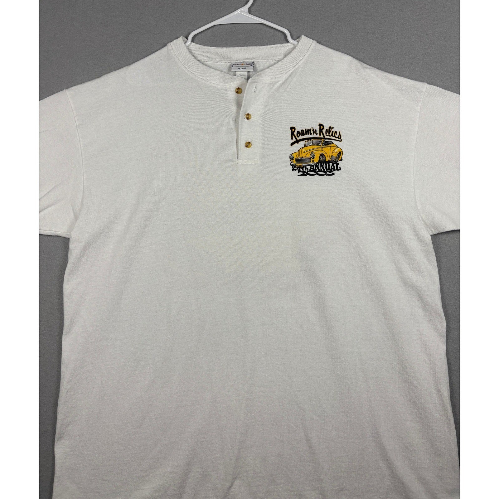 Anvil Roam’n Relics 2003 Car Show Henley Graphic T-Shirt 2X White Vintage Y2k