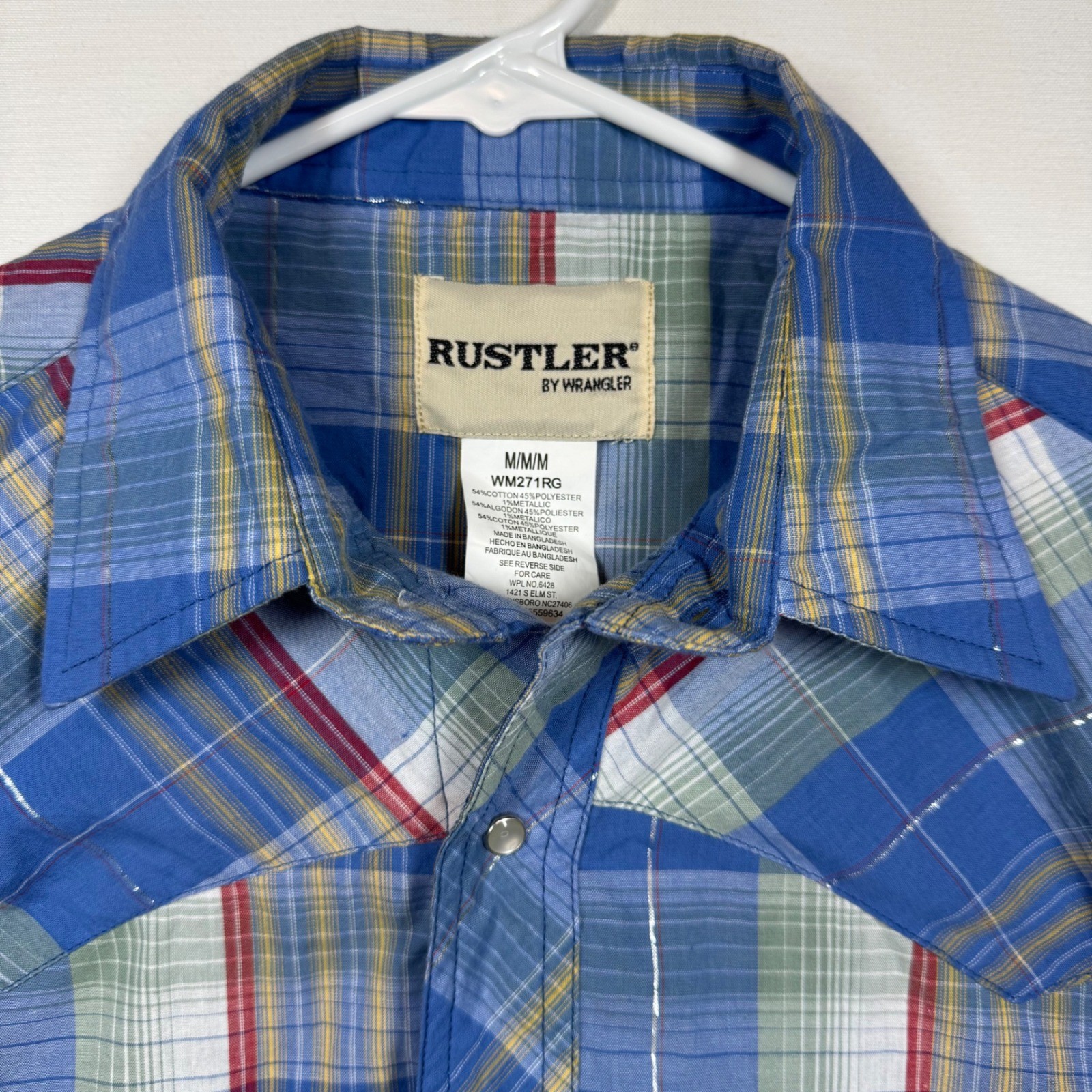Rustler by Wrangler Mens Plaid Western Shirt Pearl Snaps Short Sleeve Sz Medium