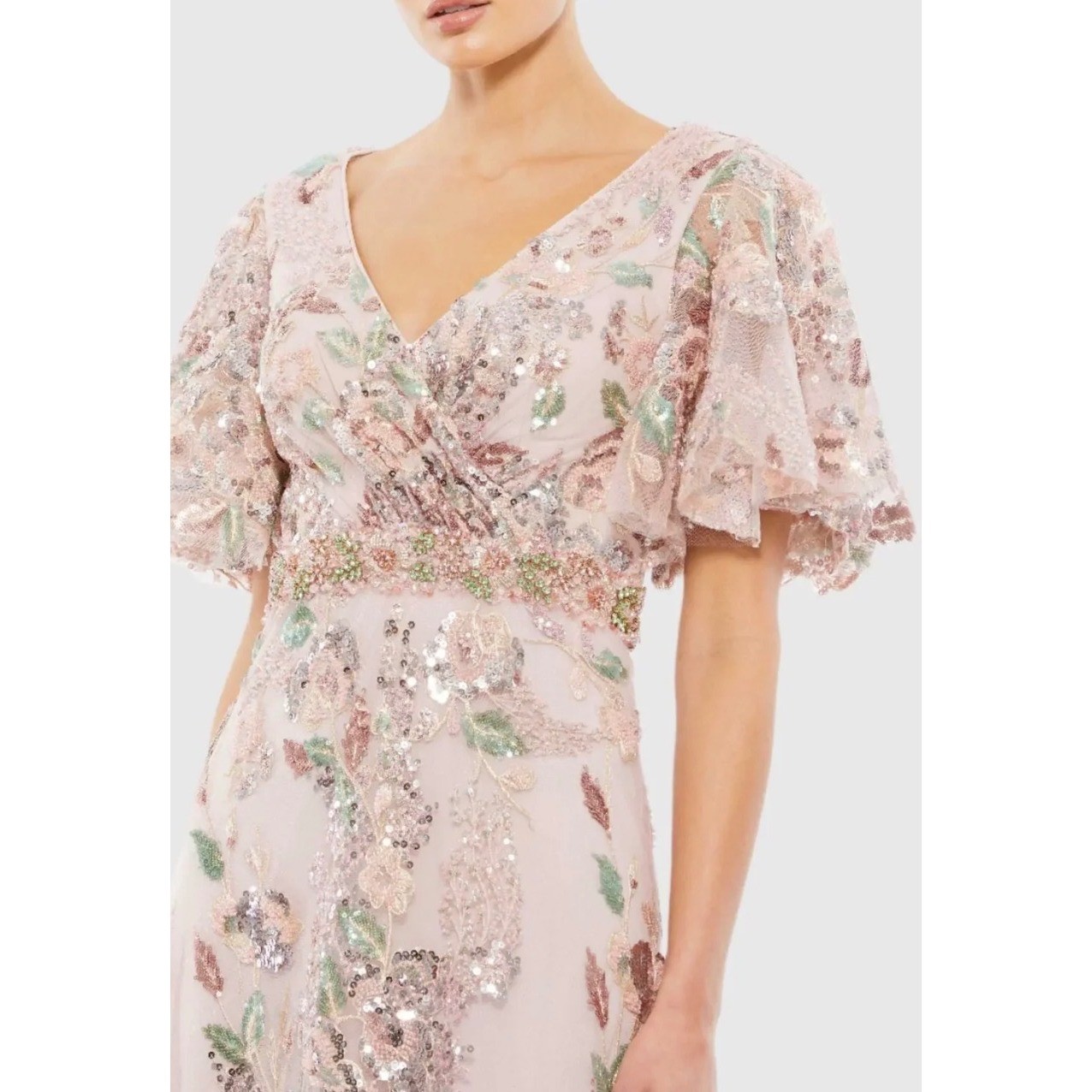 Mac Duggal 67880 Rose Pink Floral Sequin Flutter Sleeve Gown Dress Size 8 NEW