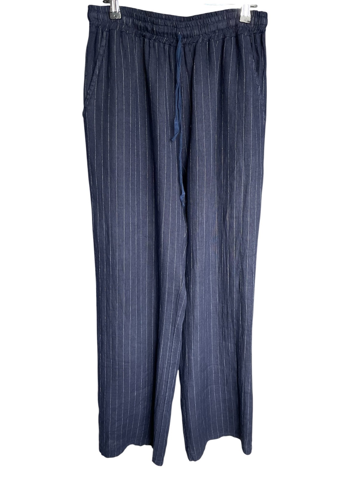 Sorbet Italy 100% Linen Pants L XL Blue Pinstripe Wide Leg Elastic Waist