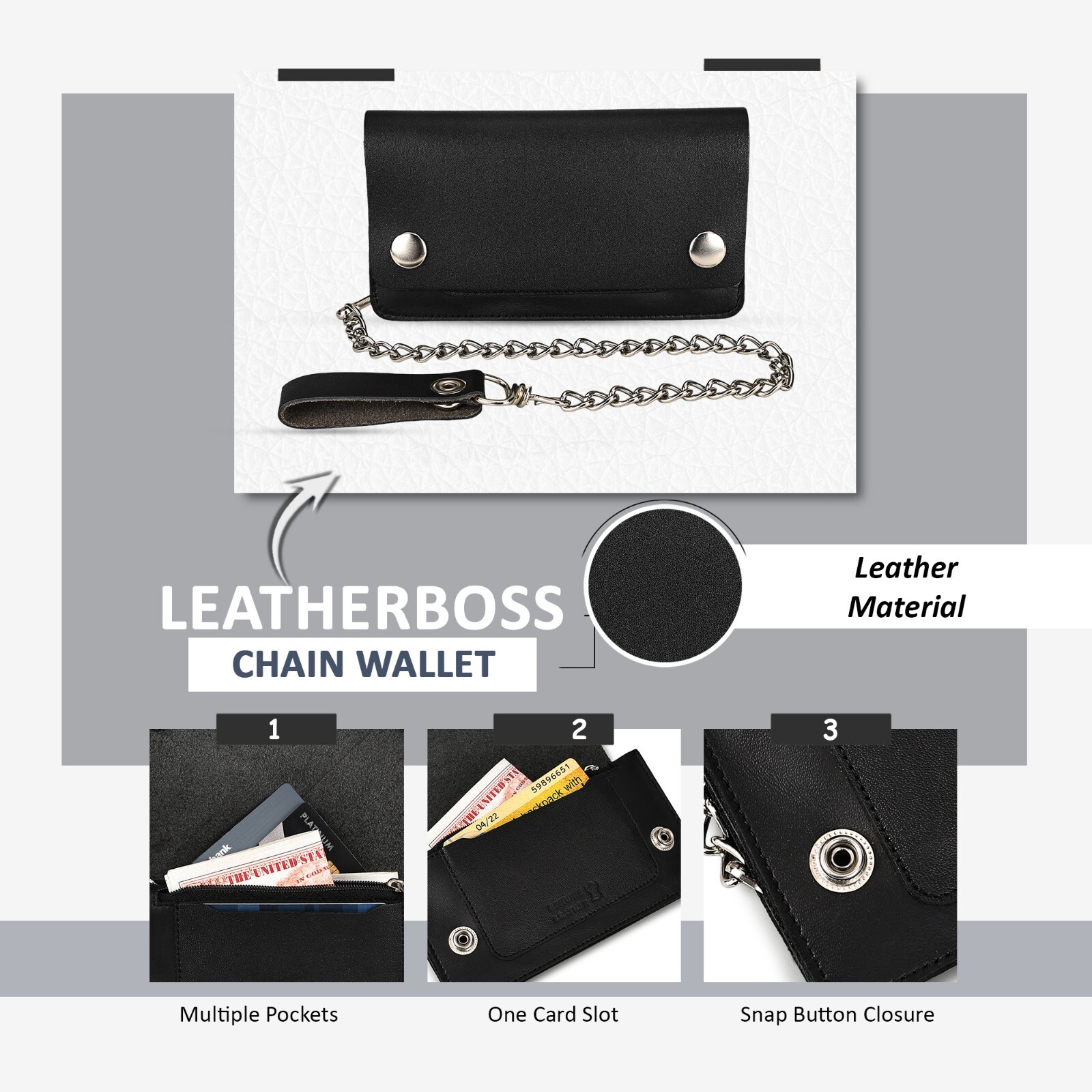 Leatherboss Men Motorcycle Trucker Biker Chain Wallet With Inside Zipper, Black