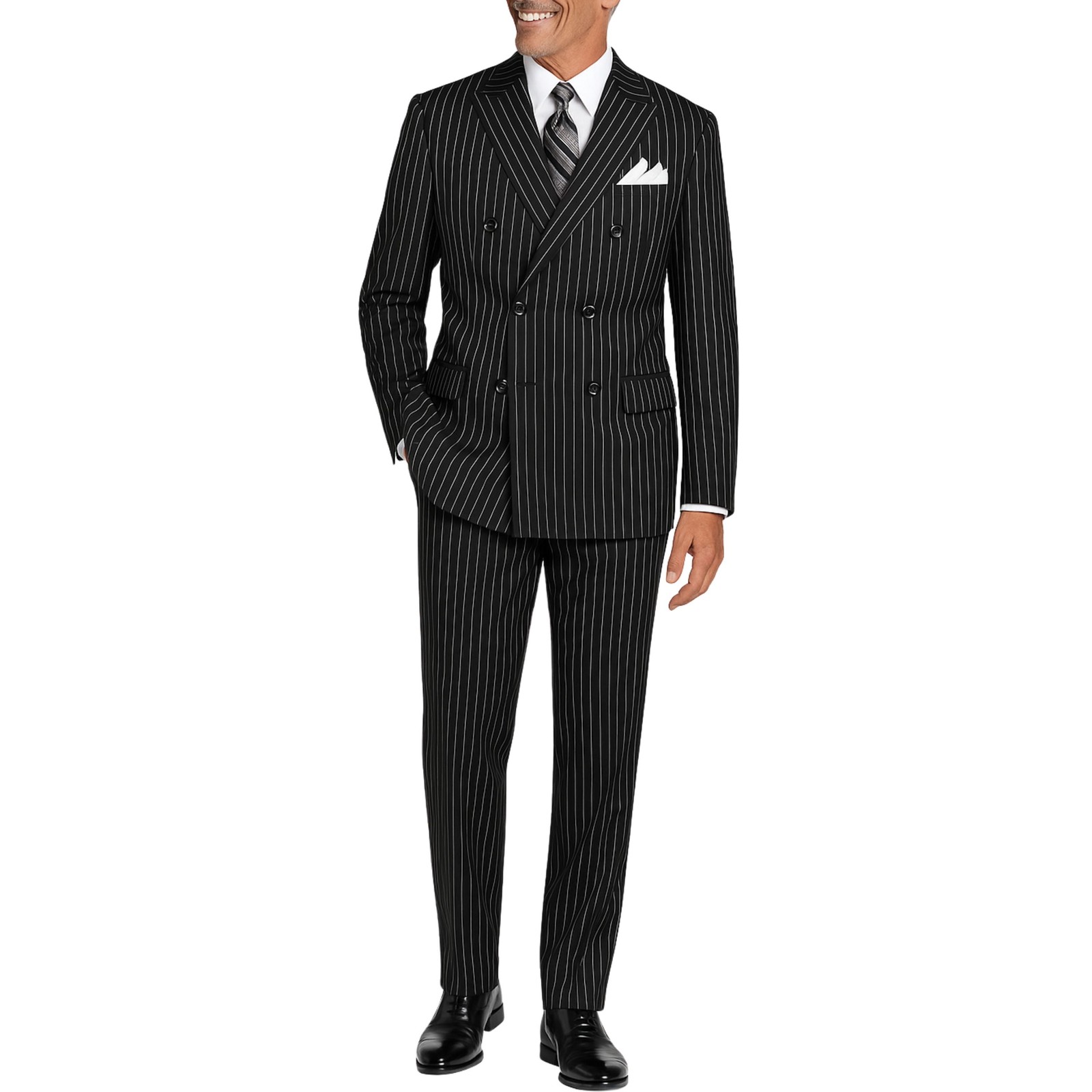 VINCI Men’s Black Pinstripe Double-Breasted Reg-Fit Suit w/ Adj Waist – NEW