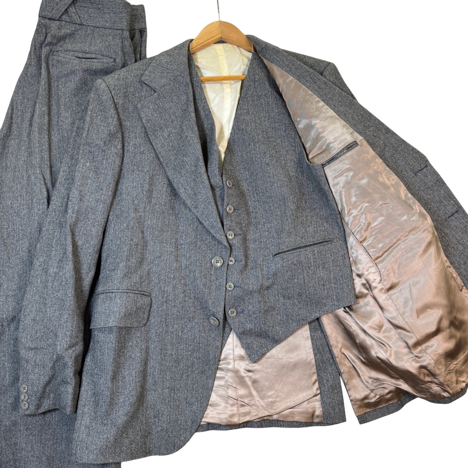 VTG ALEXANDRE Mens 40L 3 Piece 70s Suit TWEED Wool Herringbone Gray Pants 36×31