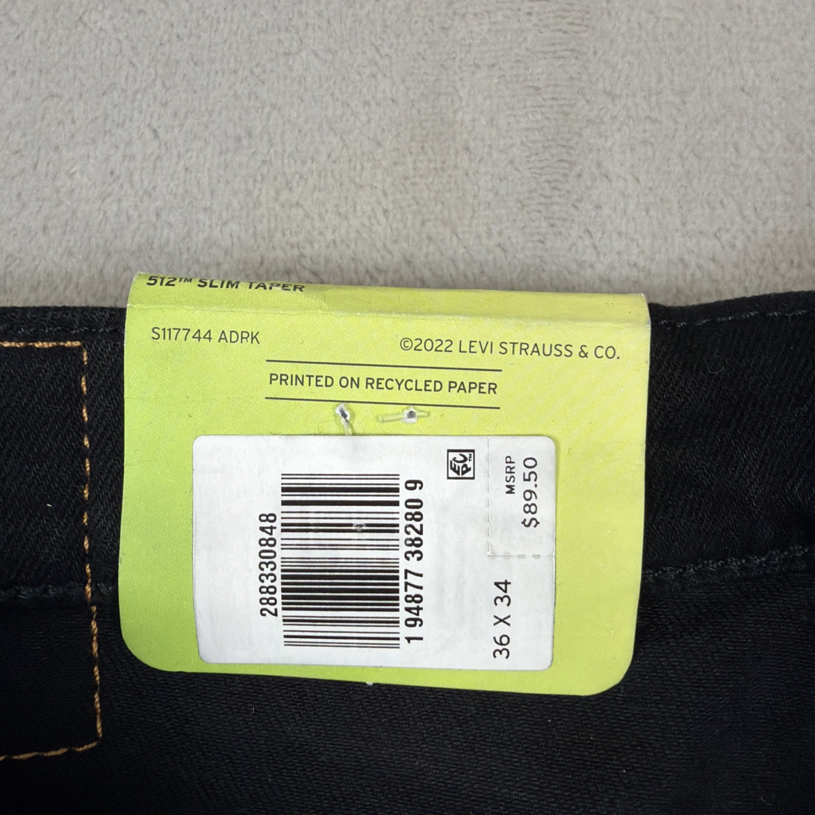 Levi’s Premium 512 Jeans Men’s Size 36×34 Black Denim Slim Taper Big E Stretch