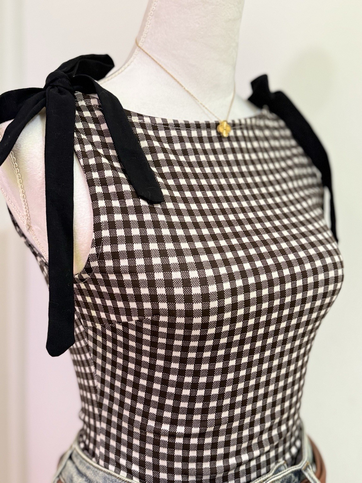 CIDER Women’s Gingham Tie Shoulder Top XXS Black White NWT