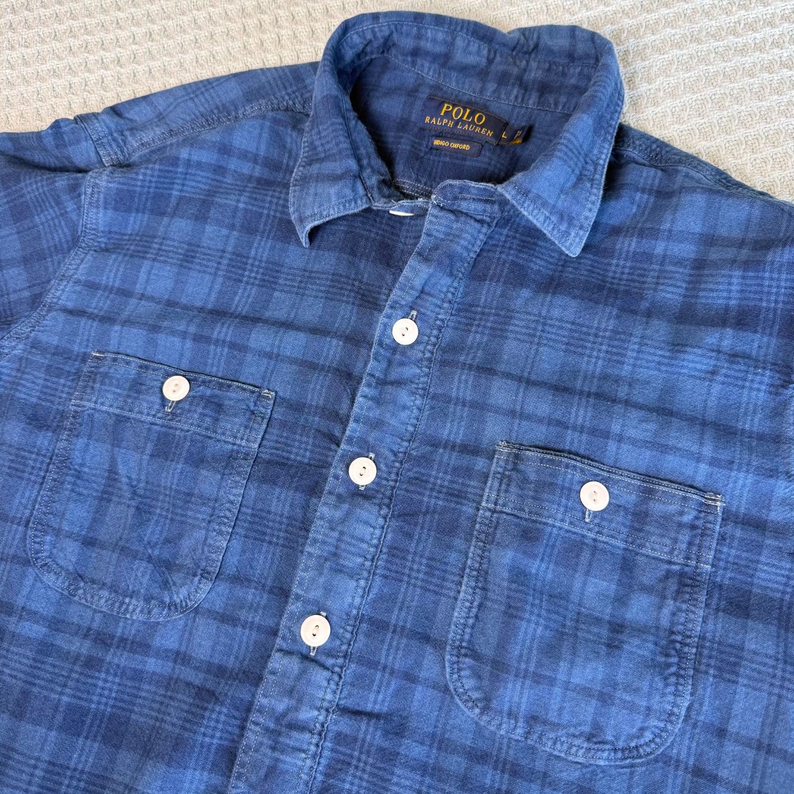 Polo Ralph Lauren Indigo Oxford Popover Shirt Mens Large Blue Plaid Beach Preppy