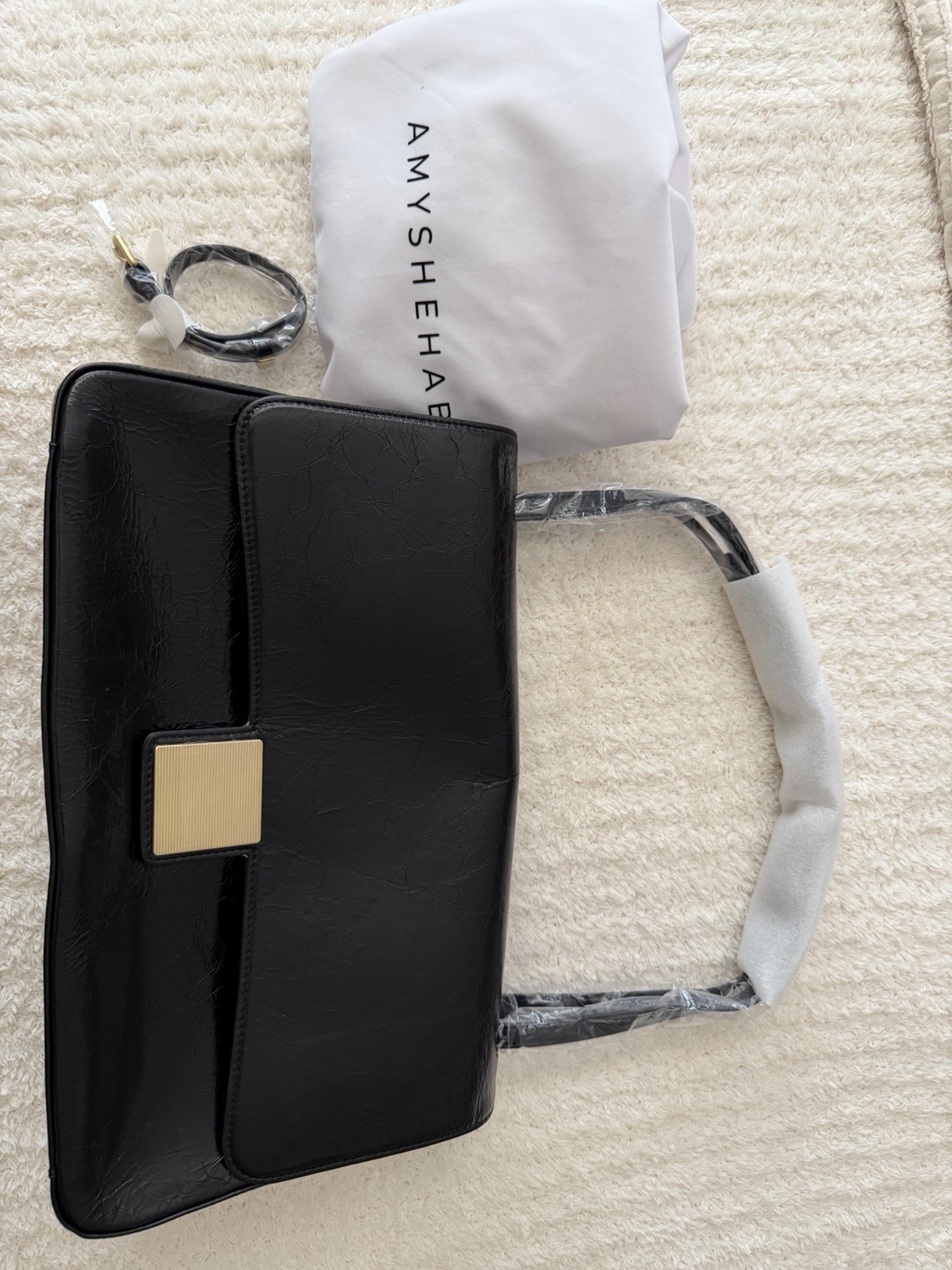 AMYSHEHAB Black Shoulder Bag Flap Closure Gold Hardware Dust Bag Pockets
