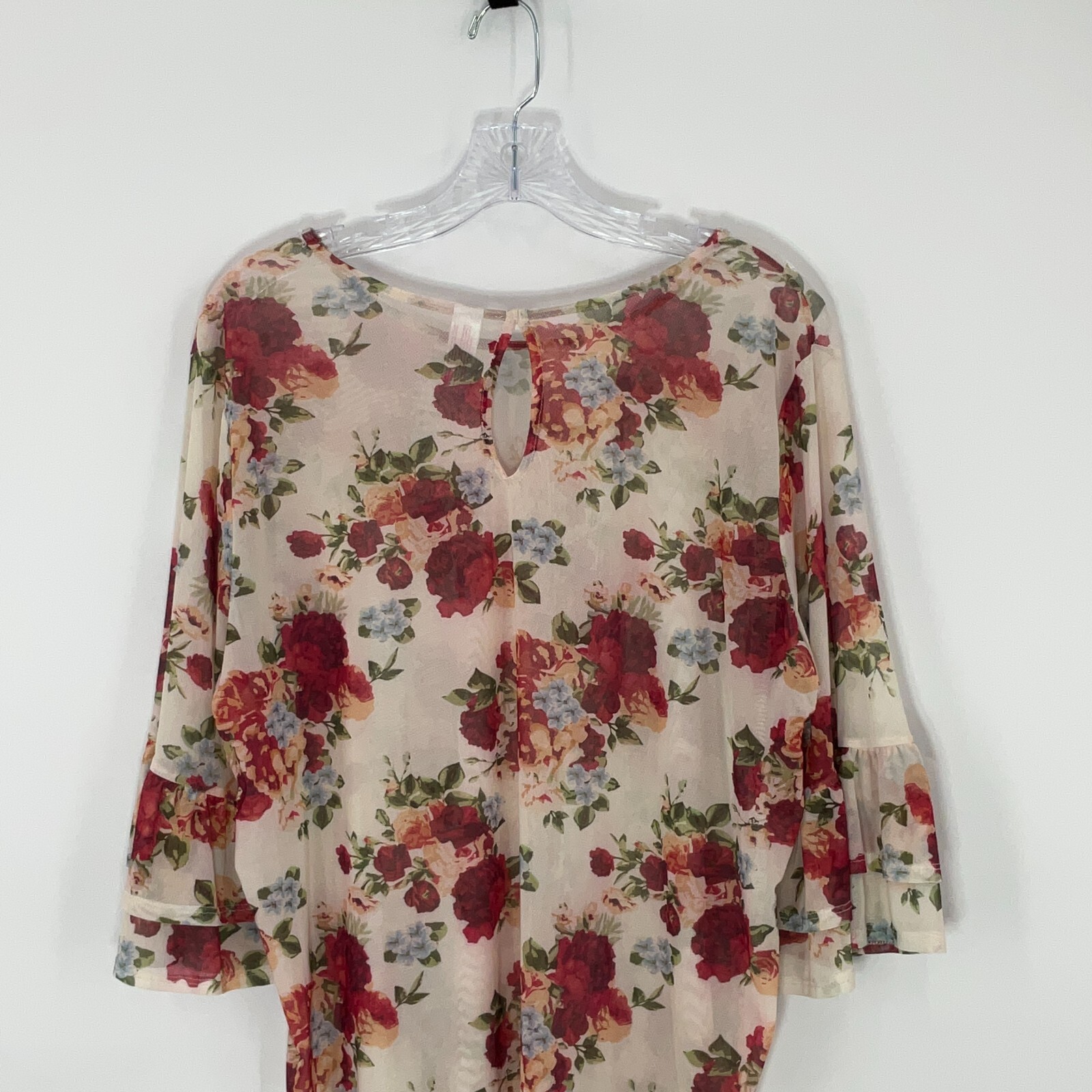 No Boundaries Top Women 3XL Floral Multicolor Mesh Semi Sheer 3/4 Sleeve Ruffle