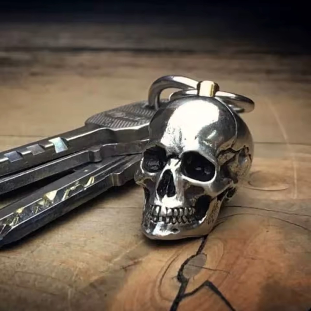 Skull Keychain Steely Heavy Metal Bike Accent