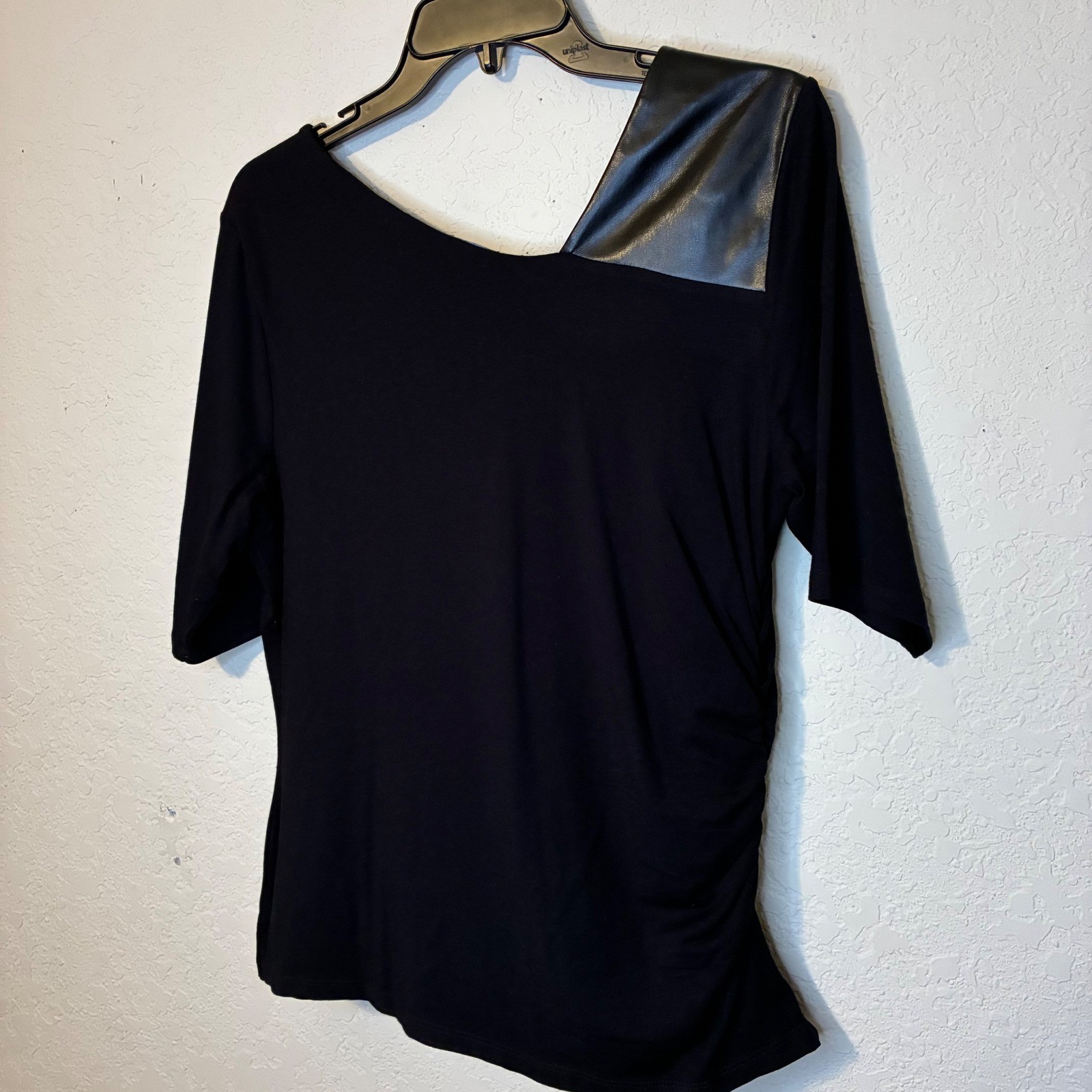 INC Black Faux Leather Trim Top Asymmetrical Neckline Goth Women Medium Party