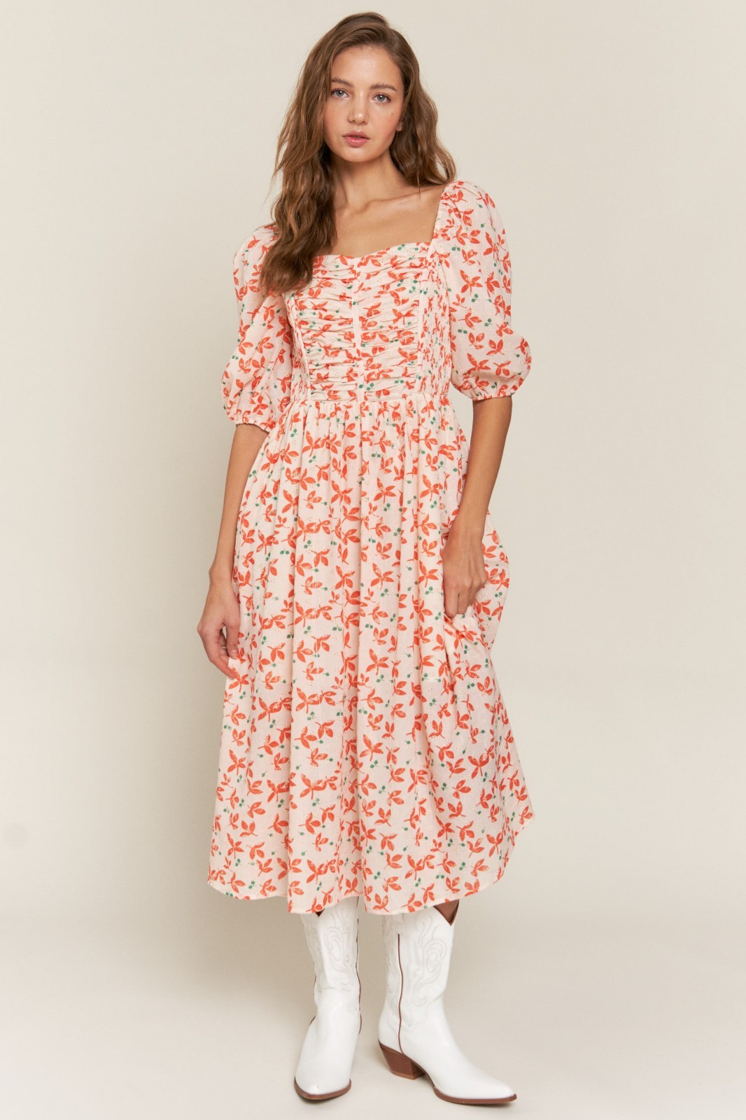 Women’s Floral Smocked Midi Dress Puff Sleeve Square Neck Pink Coral