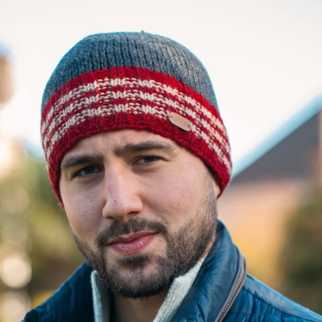 Irish Wool Fisherman’s Knit Beanie Hat with Trim, 100% Wool, Hand Wash Only (…