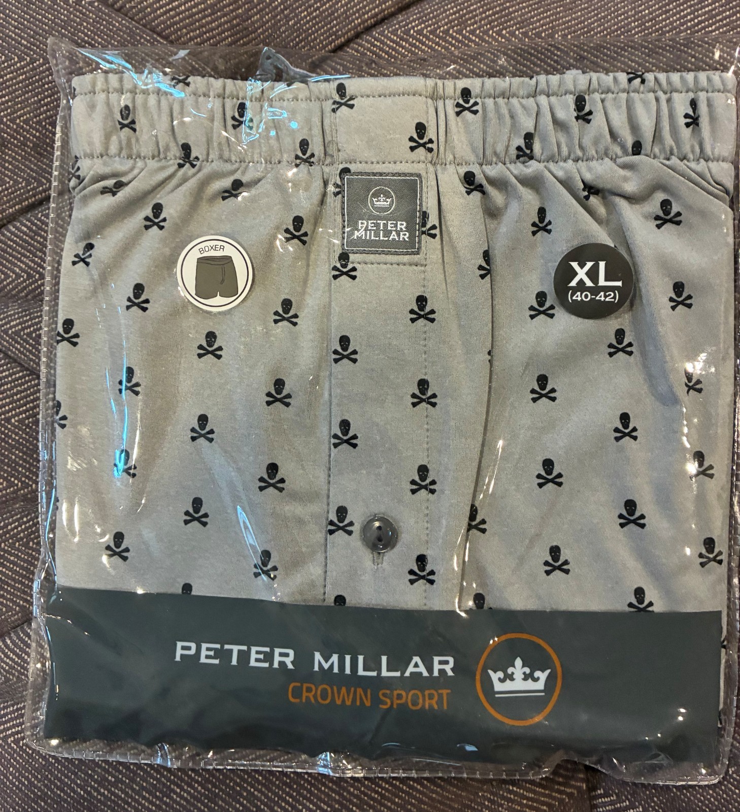 Peter Millar Gray Boxer Shorts with Skull and Crossbones Motif XL