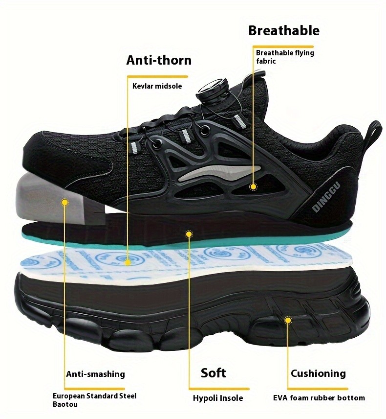 Men Safety Toe Work Shoes Rotating Buckle Breathable Non-Slip Steel Toe Sneakers