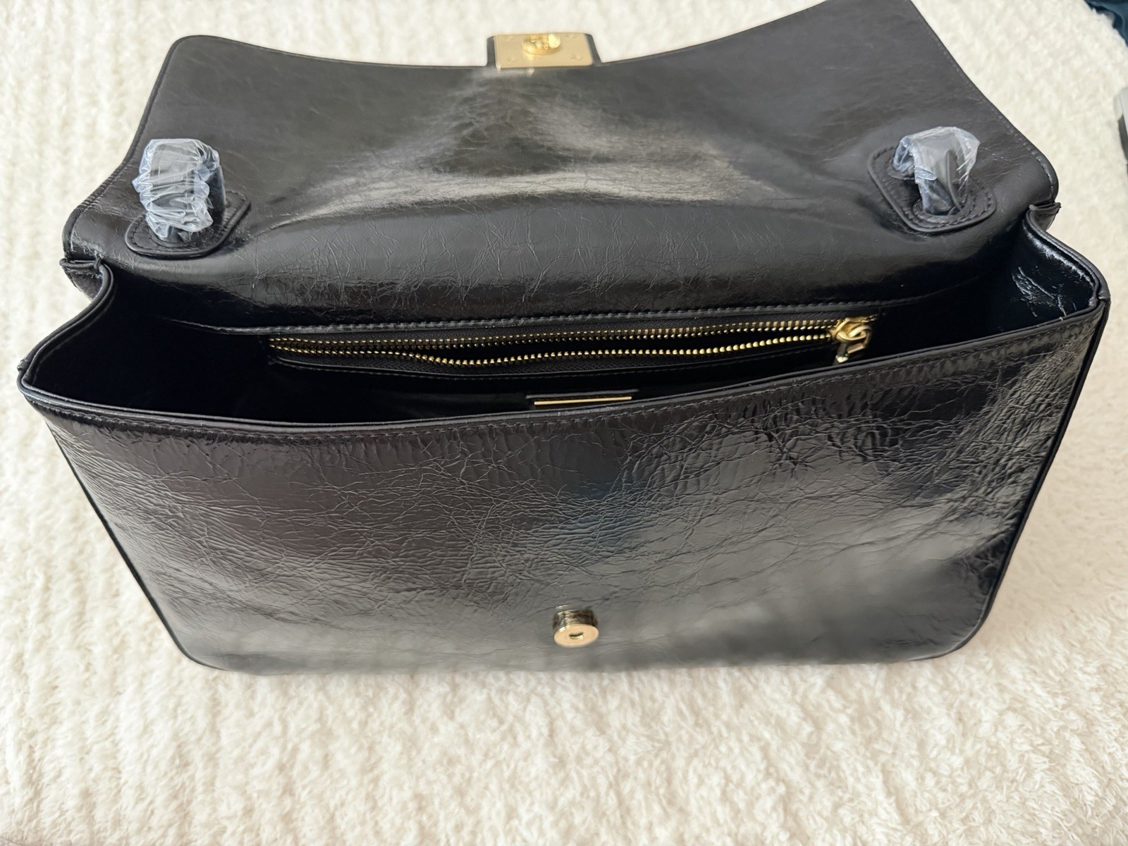 AMYSHEHAB Black Shoulder Bag Flap Closure Gold Hardware Dust Bag Pockets