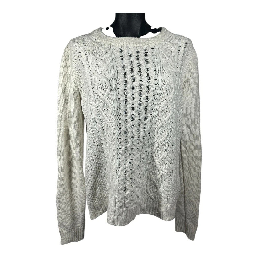 J. Crew Women Large Ivory Wool Blend Rhinestone Cable Knit Sweater Holiday NWOT