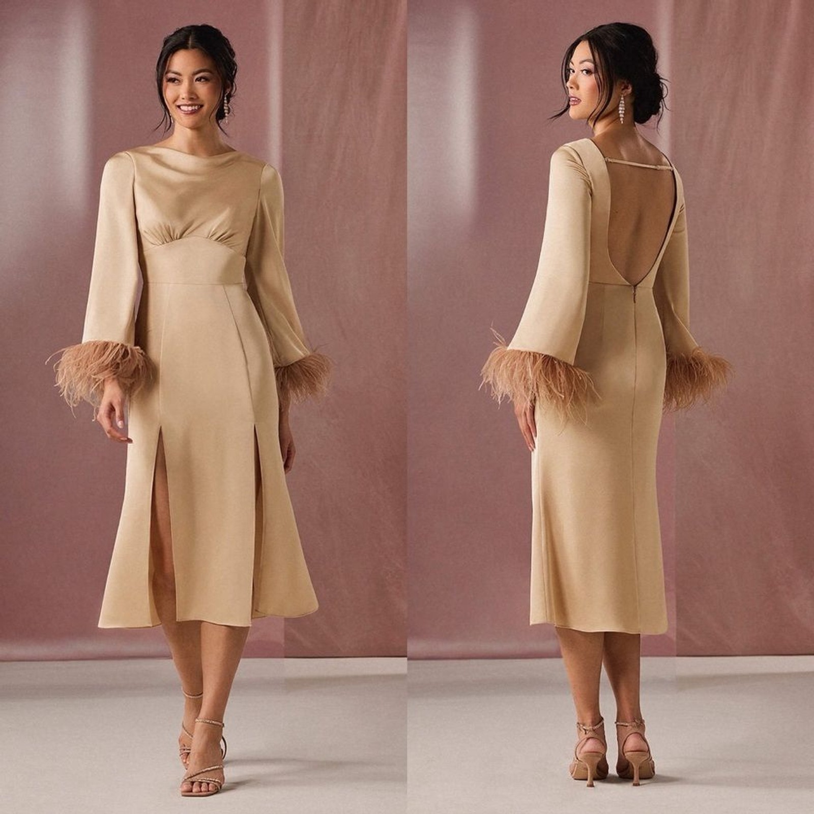 NWT Azazie Aubrey Gold Champagne Midi Dress With Feathers