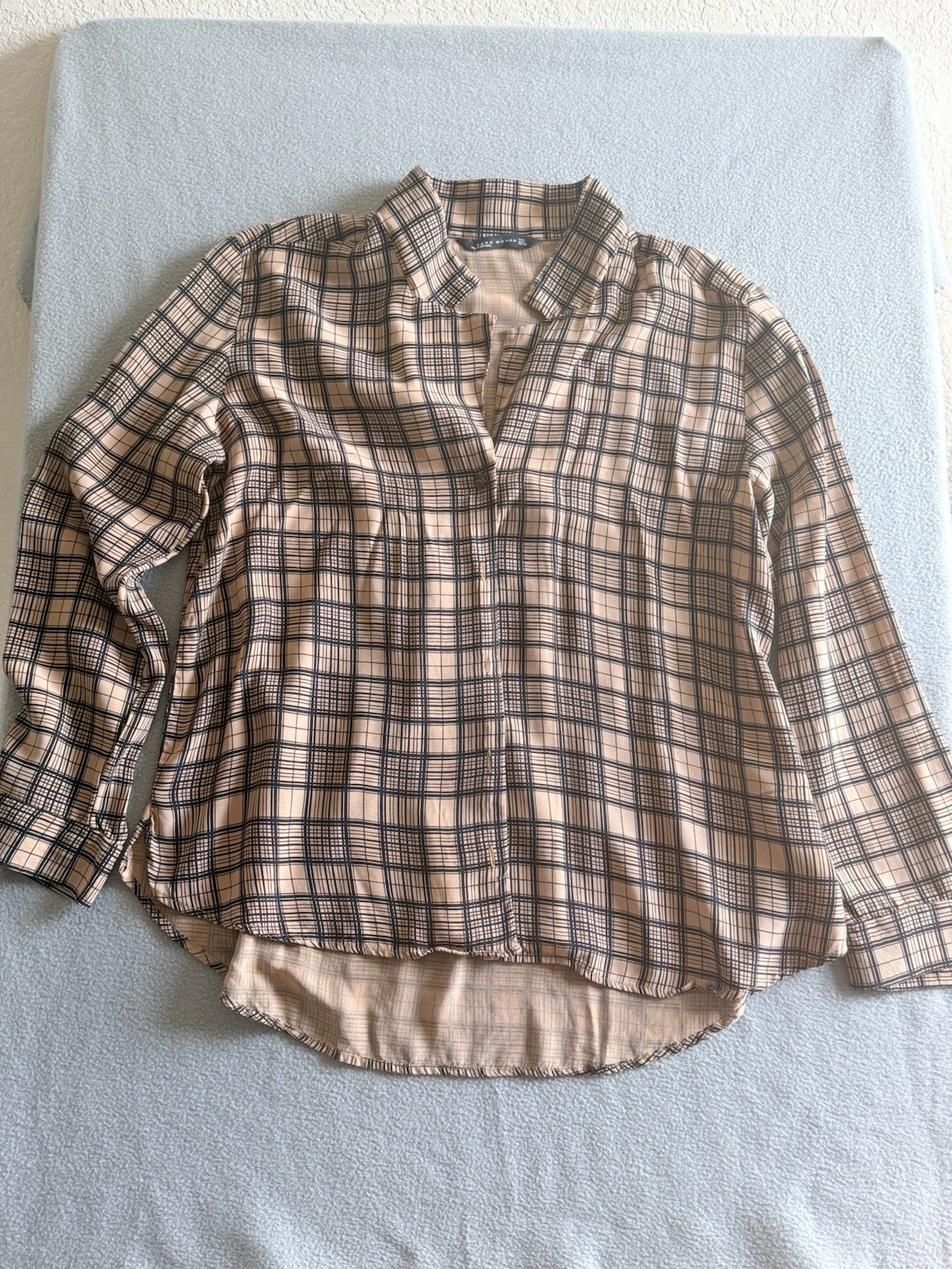 ZARA Women’s Cafe Con Rallas Button Up Collared Shirt Womens Top Size L
