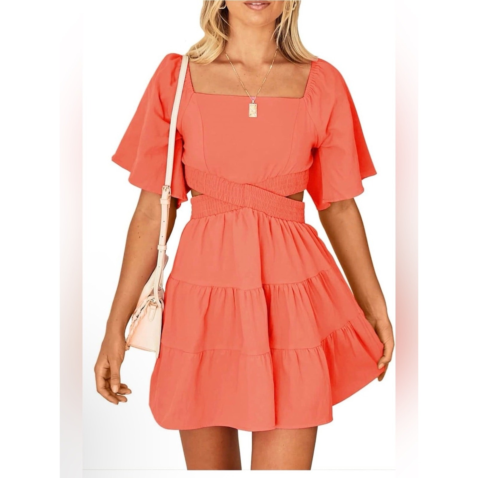 Coral Cutout Mini Dress M Cottagecore Tiered Puff Sleeve Vacation Dress