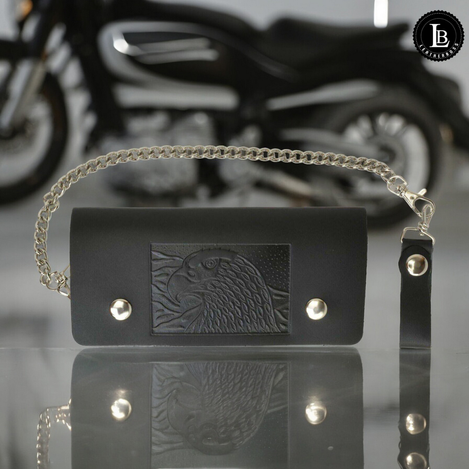 Leatherboss Leather Men Extra Large Eagle Wallet with Chain Biker Trucker Black