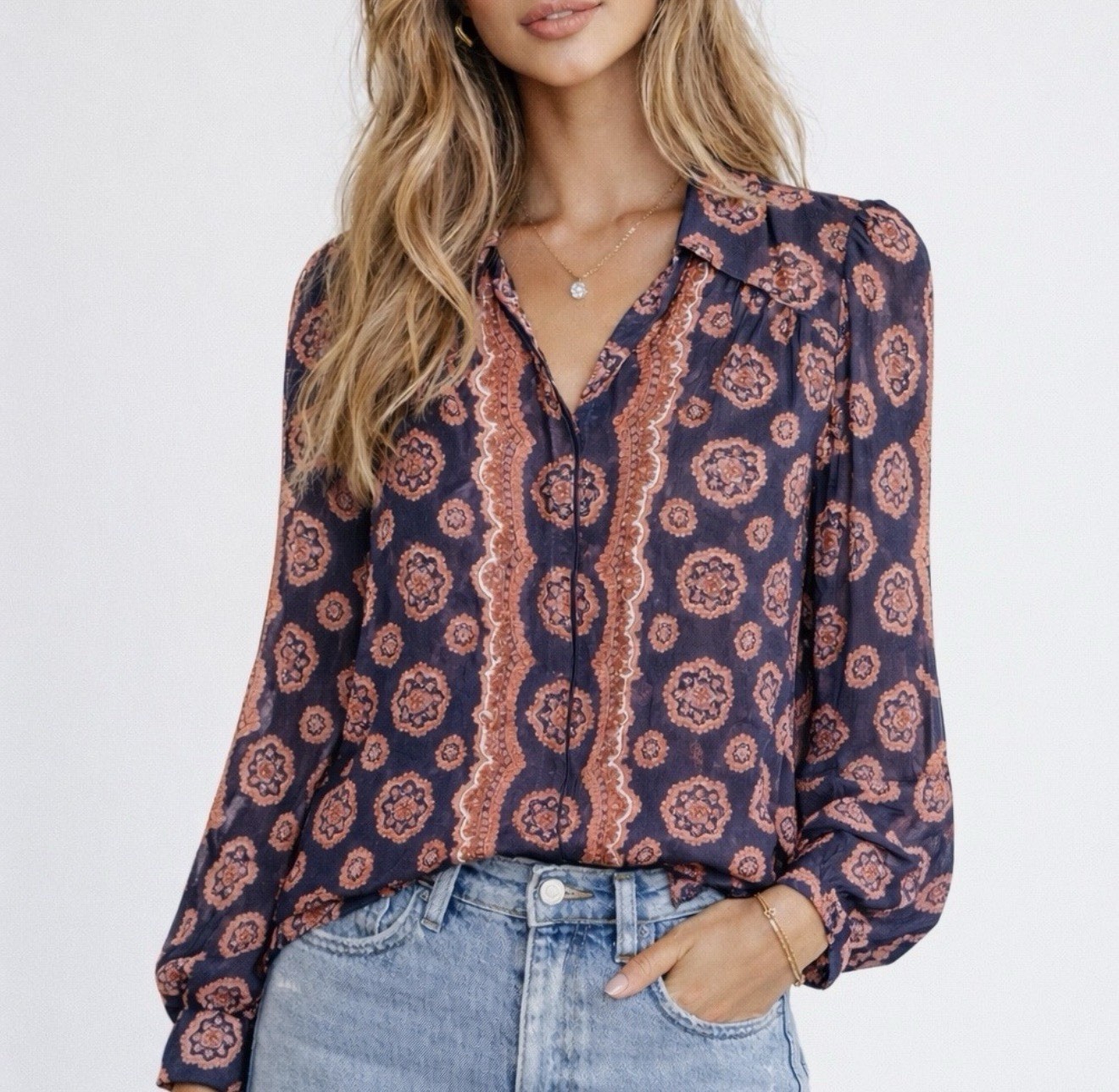 PAIGE Caraway 100% Silk Blouse L Periscope Western Boho Button Down Feminine