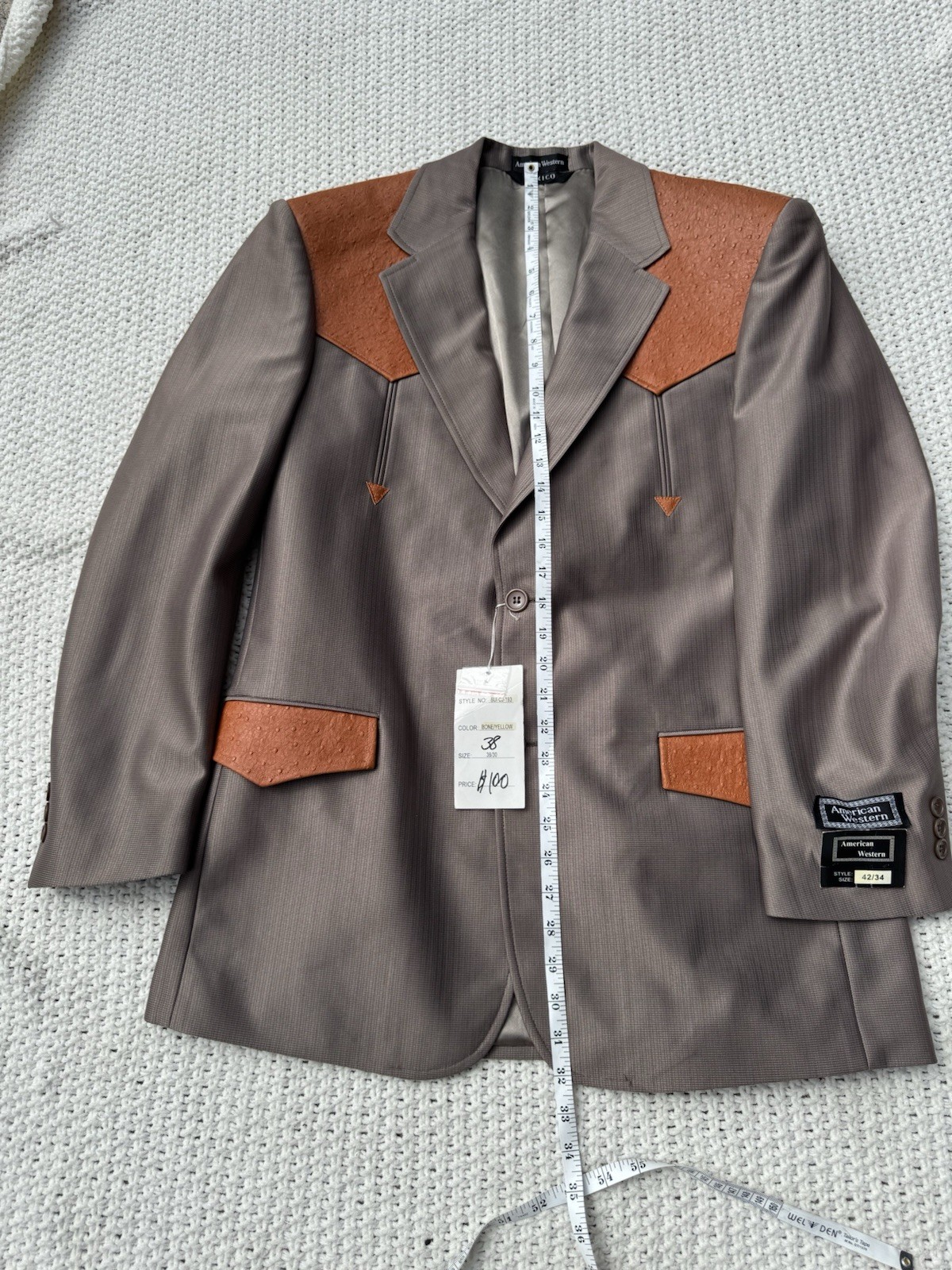 american west taupe western cowboy blazer with brown leather yokes men’s size :4
