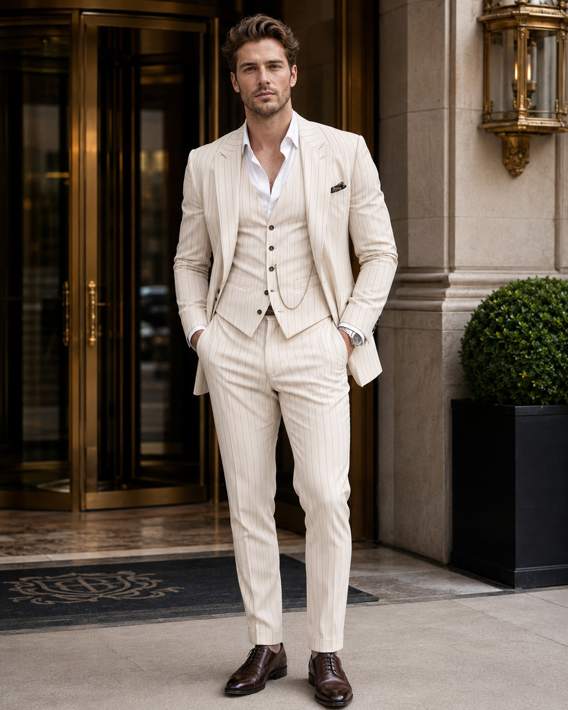 Mens Ivory Stripe 3 Piece Suit Blazer Vest Pants Wedding Groom Prom Formal Wear