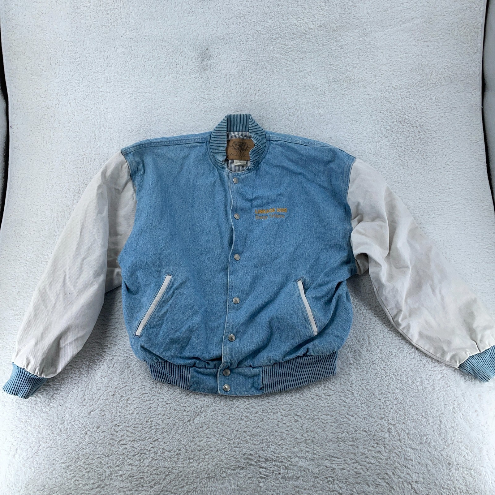Vtg 90s AT&T Energy Systems Lineage 2000 Denim Bomber Jacket Mens M Varsity