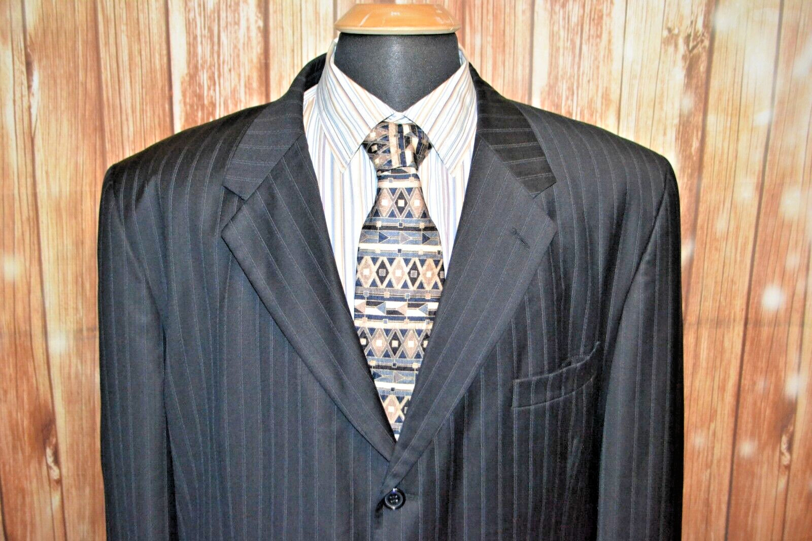 Lineage Men Black Super 120 Wool Stripe 3 Front Button Suit Sz 48R Wst 40×28