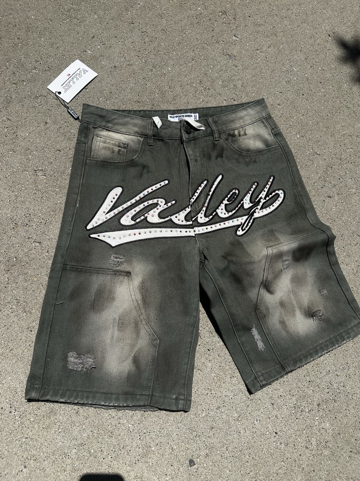 Valley Men’s Gray Light Wash Distressed Denim Shorts Rhinestone Logo