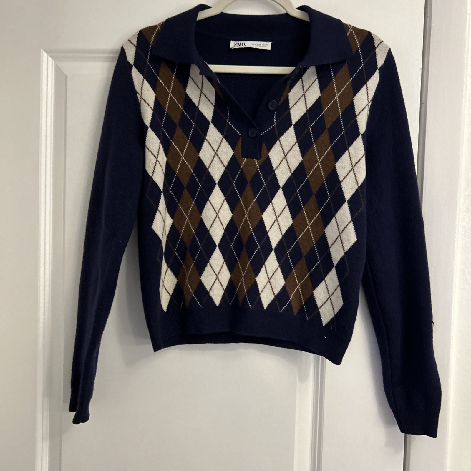 Zara Argyle Collared Button Front Knit Sweater Brown Wool Blend S