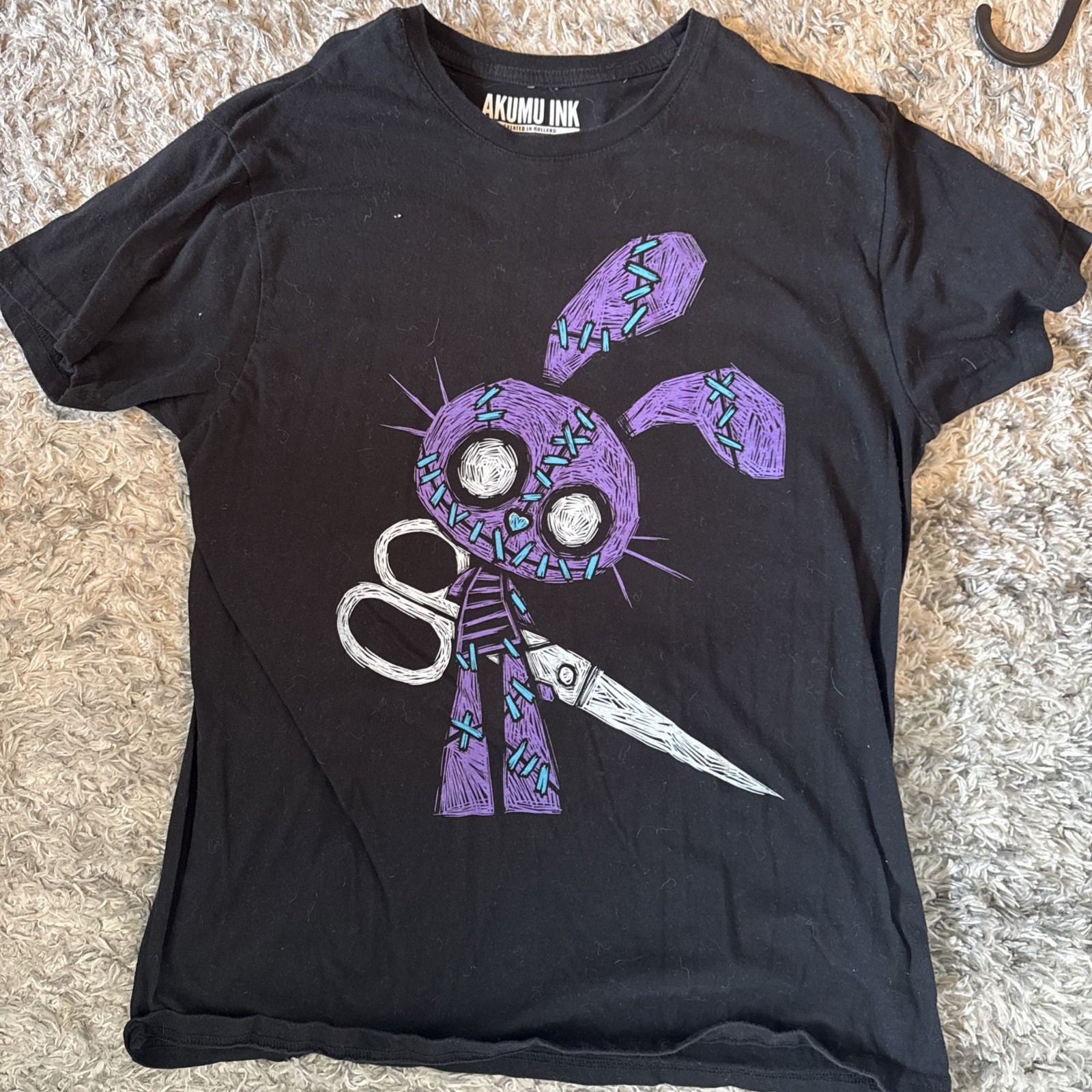 Akumu Ink “Let’s Play” T-Shirt Black Goth Zombie Bunny Scissors