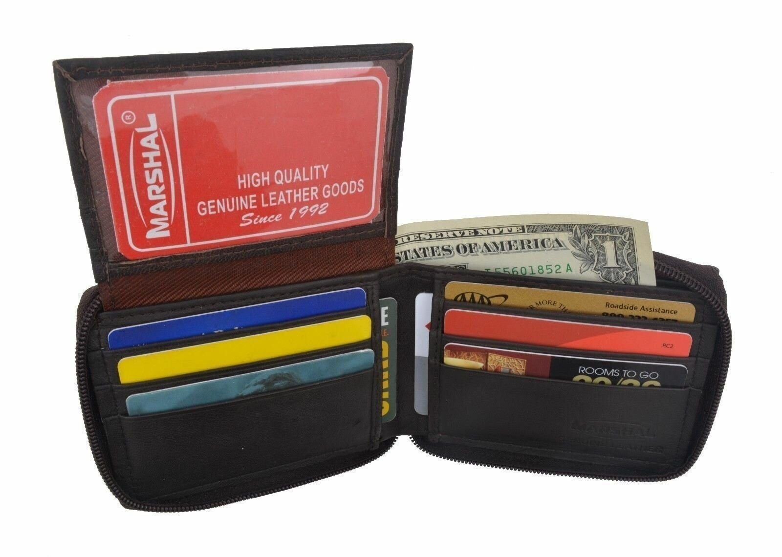 Genuine Leather Men’s Zipper Zip-Around Organizer Bifold Wallet Black Brown Tan!