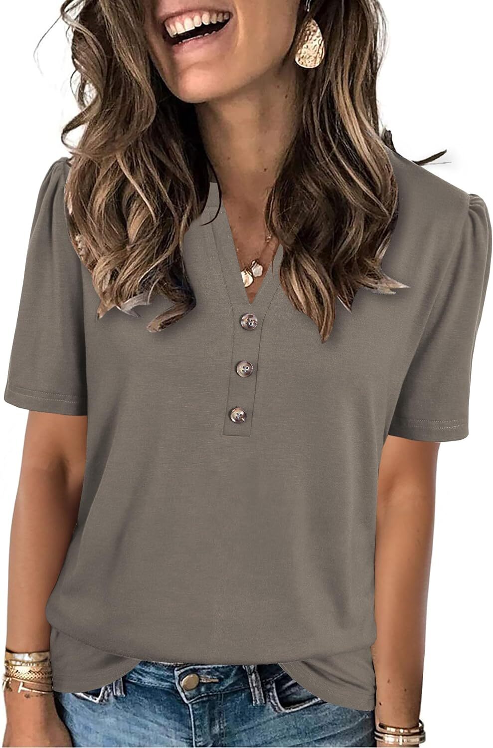 Short Sleeve Womens Casual Shirt Loose Fit V Neck Summer Top Soft Breathable