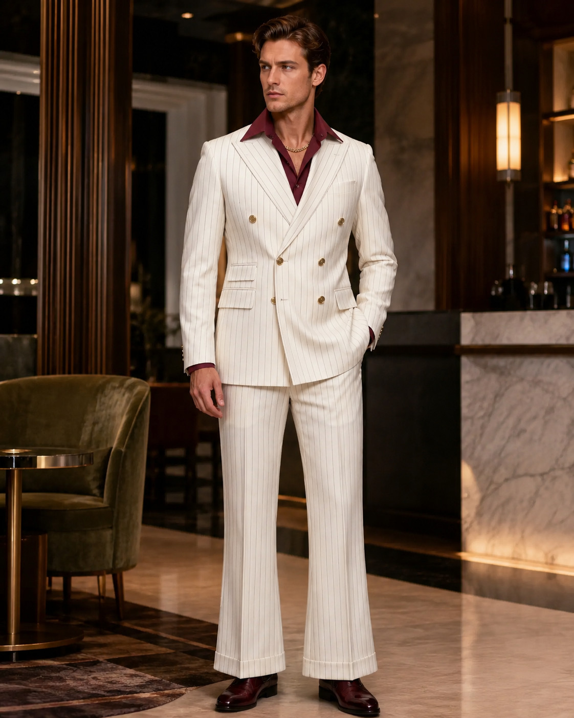 Mens White Pinstripe Double Breasted Suit Flared Pants Wedding Prom Party Wear