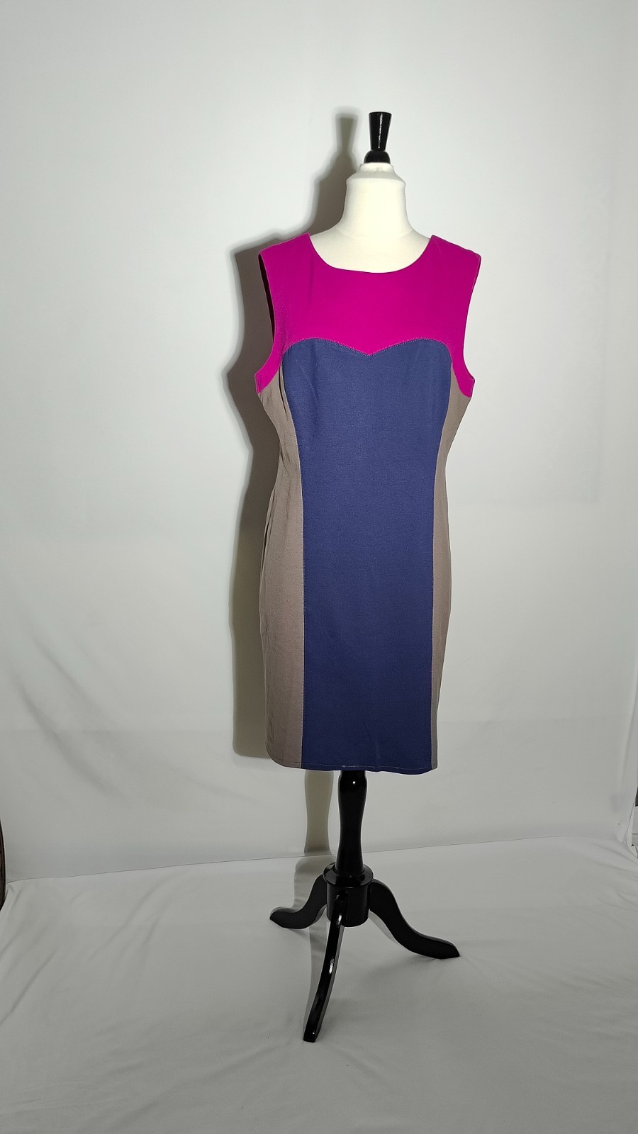 Suzi Chin for Maggy Boutique Colorblock Sheath Dress Fuchsia Navy Taupe Sz 16
