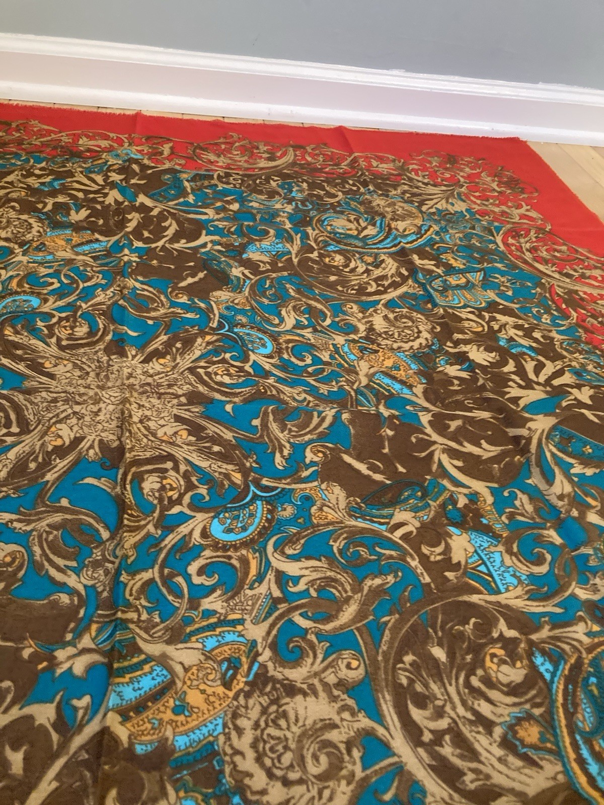 Vintage AS Made in Turkiye Scarf Shawl 46″ Square Red Blue Baroque Floral Large