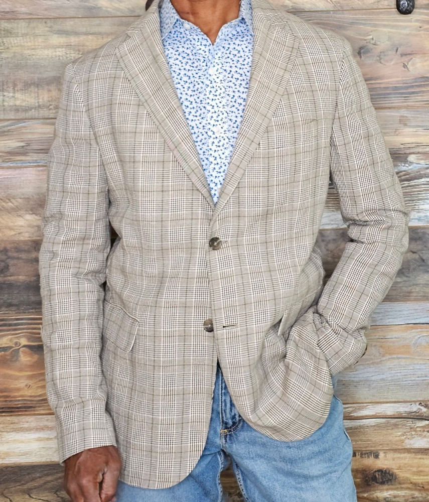 Zara Cotton Linen Dual Vent Unconstructed Brown Plaid Sport Jacket Blazer 40R