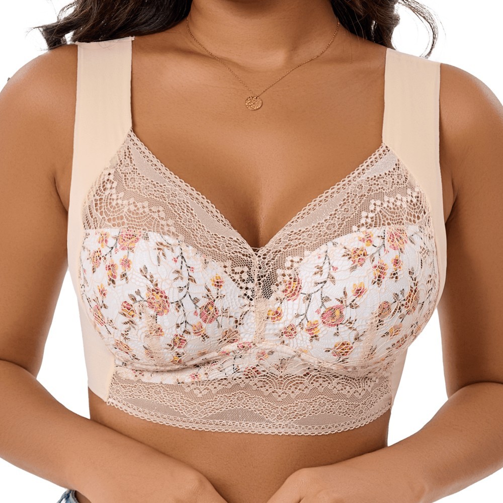 Floral Lace Wireless Full Coverage Bra Wide Strap Plus Size Comfort Bralette