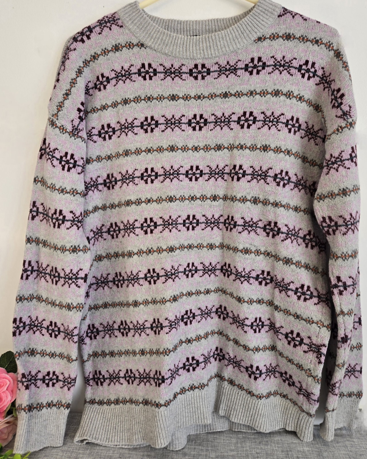 Ralph Lauren Women Sweater Fair Isle Purple Gray Cotton Wool Size M
